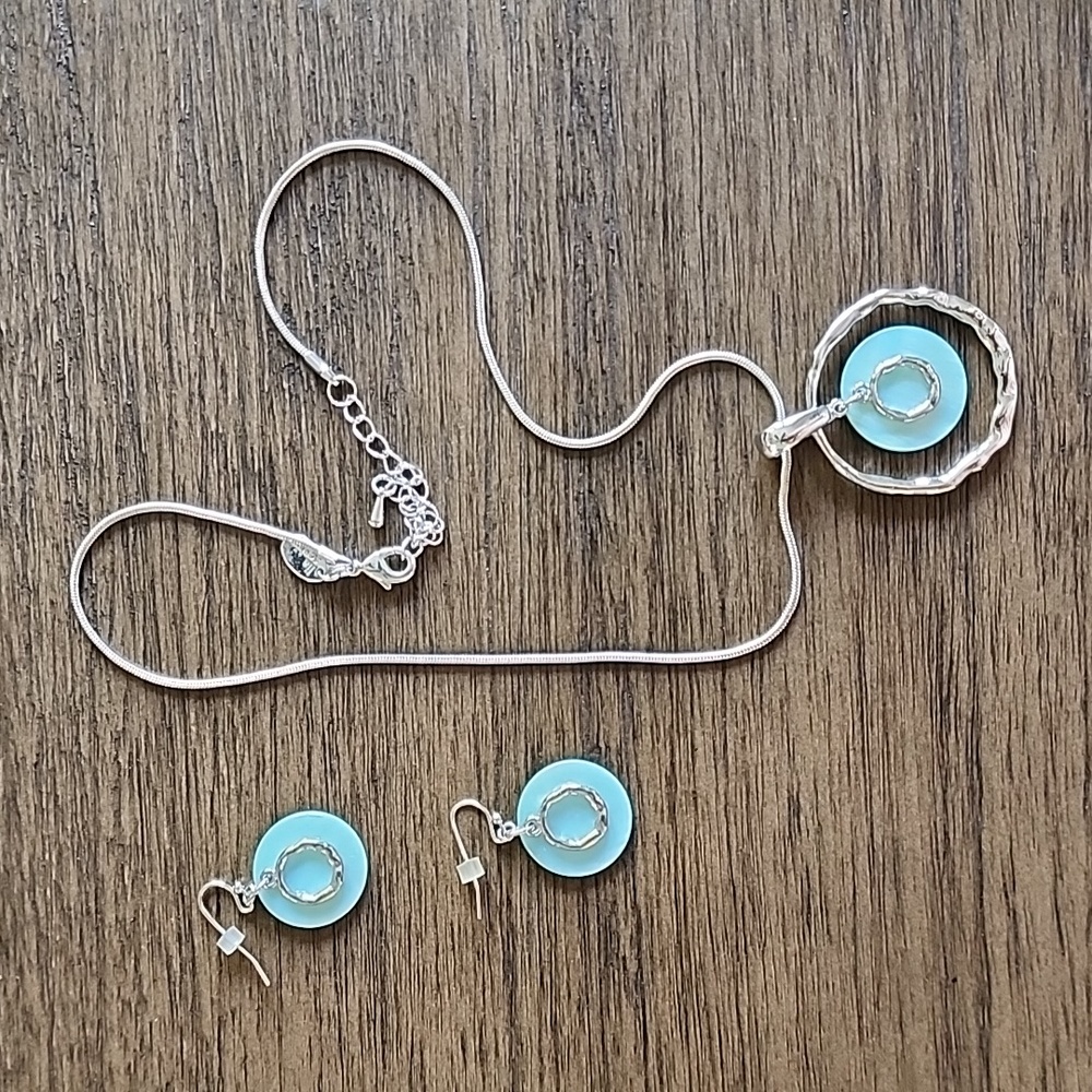 Lia Sophia Necklace and Earrings Set - Shiny Silver Tone and Blue Charm